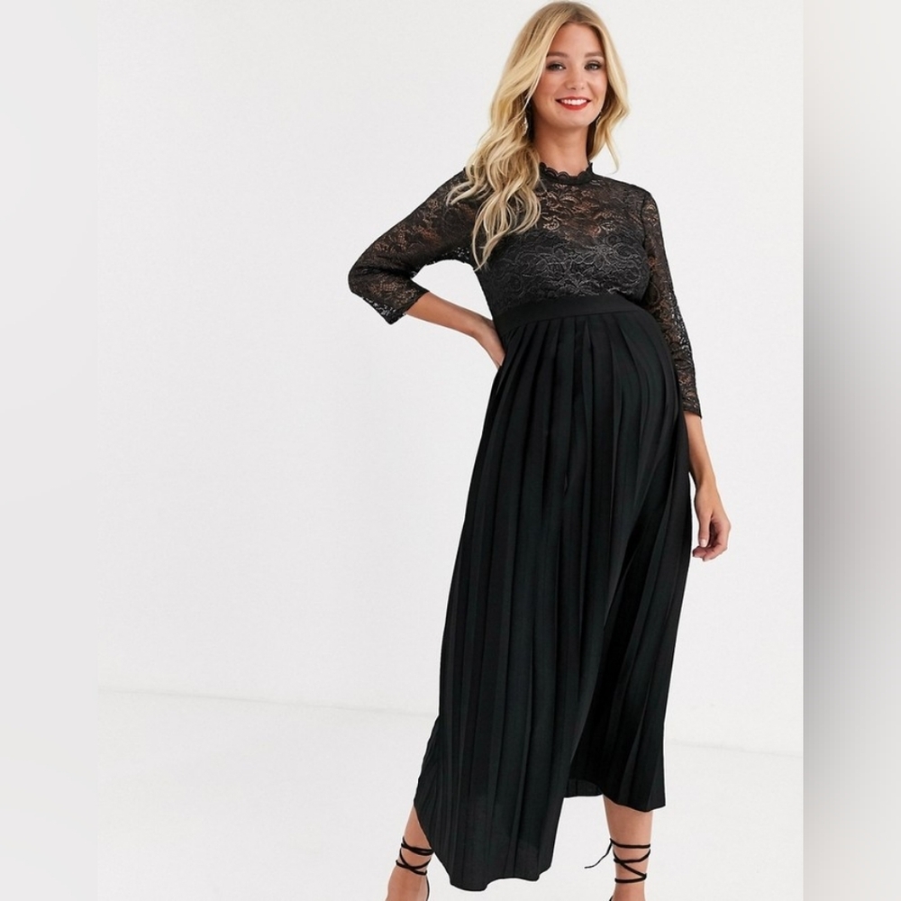 ASOS Little Mistress Maternity pleated midaxi dress with metallic lace in black